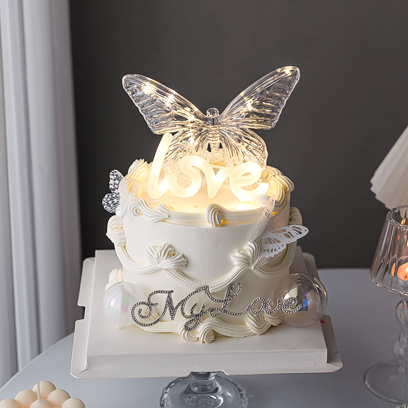 七夕情人节唯美蝴蝶发光灯蛋糕装饰女神生日情侣表白甜品love装扮