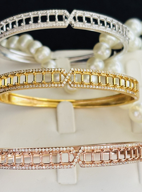 925银镀白金玫瑰金镶嵌空托手镯贵妃镯宝石4*5MM定制DIY首饰新款