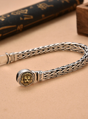 欧美风编织霸气狮子纯银男士手链