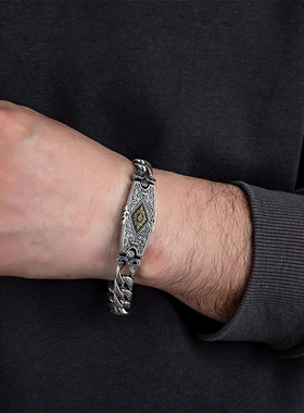 男纯银嘻哈风永恒藤草纹银牌手链