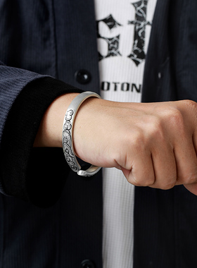 镂心国潮古法祥云实心纯银手镯男