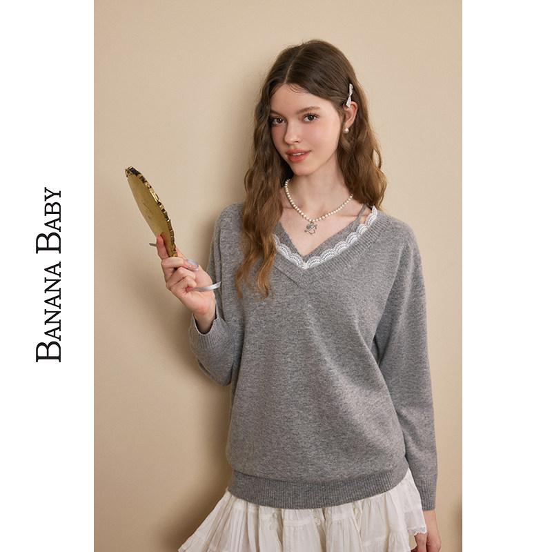 BANANA BABY2025年冬季新款温柔假两件针织衫女蕾丝拼接软糯毛衣,淘宝优惠券,粉丝福利购,淘宝优惠卷