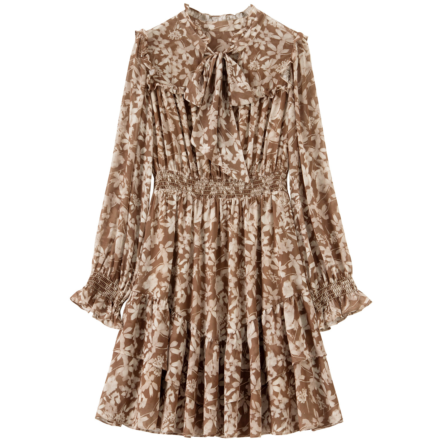 BANANA BABY2025年冬季新款印花雪纺连衣裙女系带灯笼袖衬衫短裙,淘宝优惠券,粉丝福利购,淘宝优惠卷