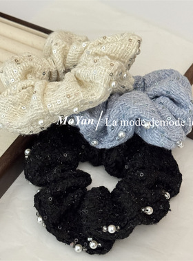 韩版小香风水晶珍珠缝制重工头箍网红高颅顶新款针织发箍发圈发卡