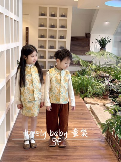 Lovely baby-huhushengwei sister and brother outfit Chinese style boy vest girl suit birthday one-year-old outfit