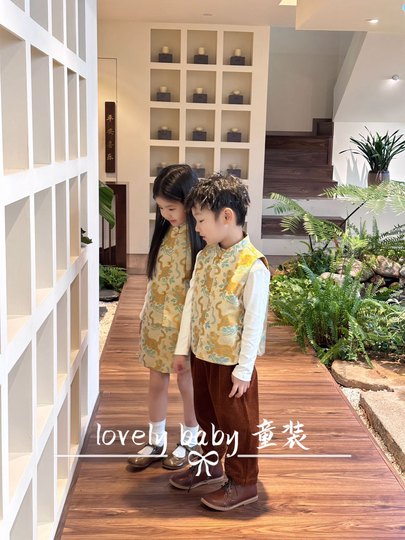 Lovely baby-huhushengwei sister and brother outfit Chinese style boy vest girl suit birthday one-year-old outfit