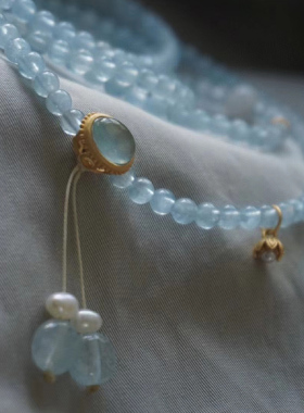 天然海蓝宝手链蓝色水晶多圈手串