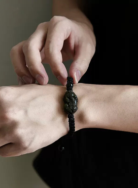 黑曜石貔貅手链男士转运水晶编织