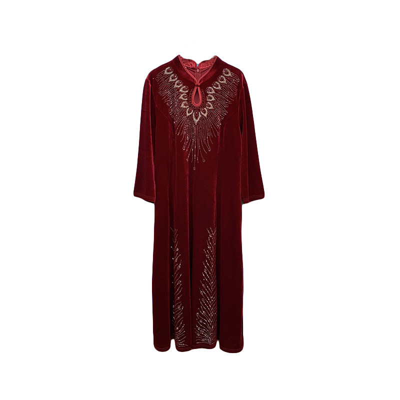 喜婆婆金丝绒连衣裙秋冬新款手工钉珠显瘦旗袍裙丈母娘婚礼宴会服