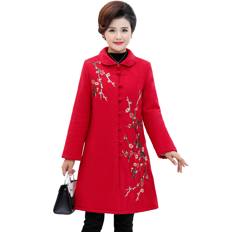中老年女绣花民族风加厚棉衣妈妈冬装中长款复古盘扣棉袄保暖外套 中老年女绣花民族风加厚棉衣妈妈冬装中长款复古盘扣棉袄保暖外套