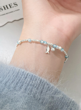 猫蛰S925银蓝托帕石碎银小鱼手链