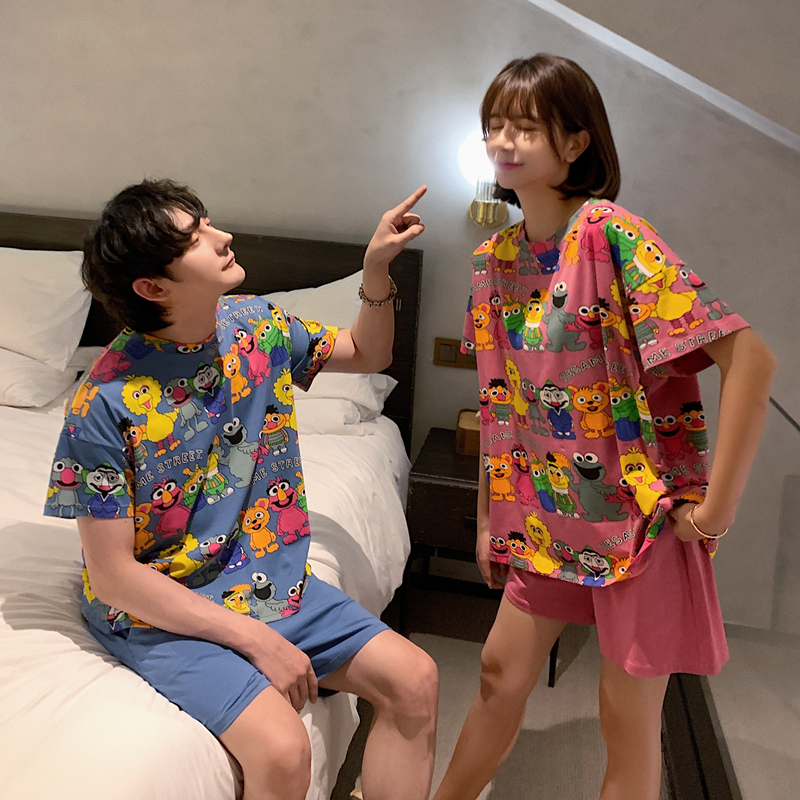 蘑菇睡衣小铺MOGO芝麻街卡通睡衣女春秋季纯棉甜美可爱家居服短袖长裤套装夏季韩版2