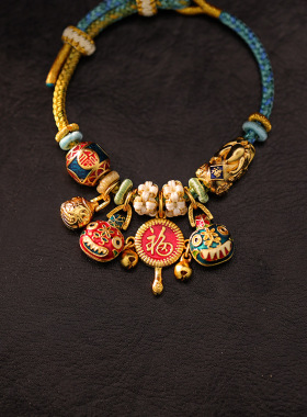 古法黄金色拨浪鼓吞金兽一家三口编织绳手链珐琅彩挂坠配件