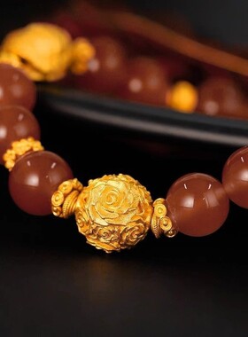 金店同款沙金篆刻玫瑰花珠隔珠真金电镀手串diy配件原创文玩饰品