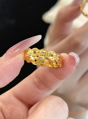 新款沙金爆闪碎碎冰钱币铜钱黄金色戒指本命年中式沙金素指环女生