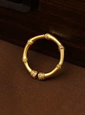 古法沙金竹节节高升拉丝戒指微镶开口指环黄金色点钻食指戒手饰品