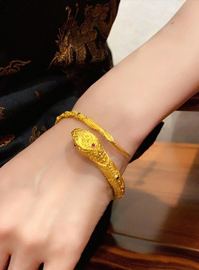 沙金保色古法开口手镯女花丝镶嵌灵蛇本命年生肖蛇系列百搭手饰品