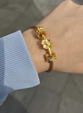 18K黄金色Charme宝贝四叶心语钻运珠转运珠999金色小串珠送礼女友