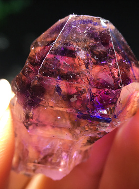 天然紫发晶双尖水胆水晶原石吊坠