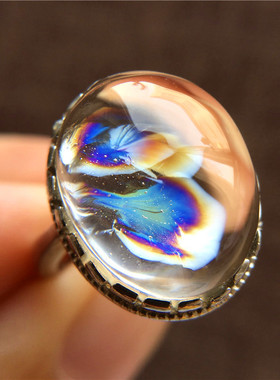 巴西天然白阿赛七彩胶花水晶戒指