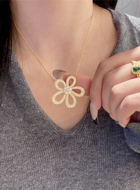 超闪满钻大花朵项链女仿真黄金色