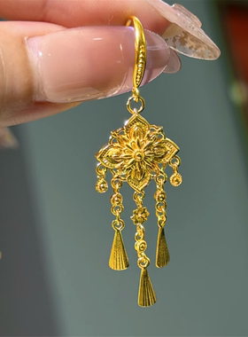 中式婚嫁长款浮雕宝相花流苏耳环