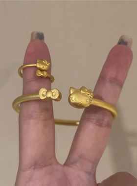 999黄金色哈喽kitty猫开口戒指女童趣少女风蝴蝶结凯蒂猫食指戒子