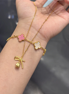 爆闪丝带蝴蝶结挂坠小方糖项链女