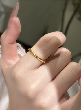古法锤纹爆闪碎碎冰黄金色戒指女