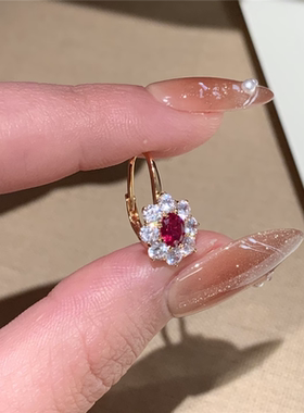 中古闪钻红雪花耳扣耳环女