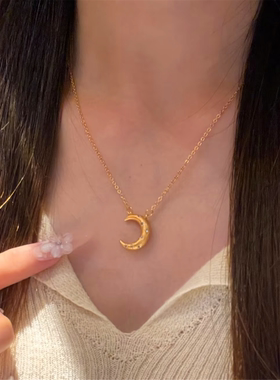 仿真黄金拉丝镶钻星星弯月项链女