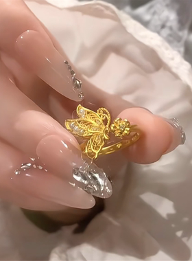 新中式金丝翎蝶开口可调节戒指女