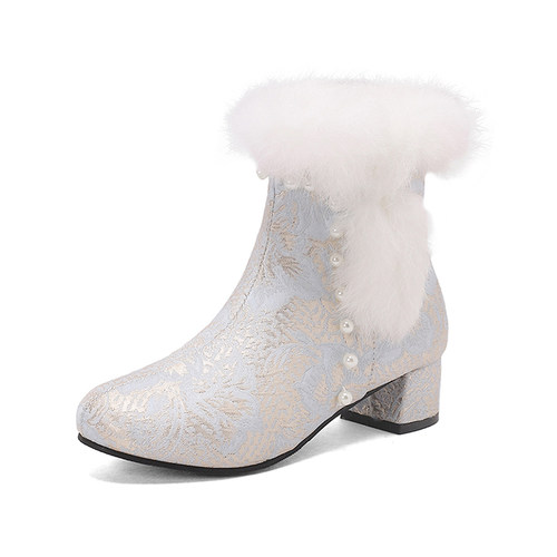 毛毛靴子绣花旗袍鞋秋冬加绒圆头粗跟短靴古典国风女靴子大码4041 - 图3