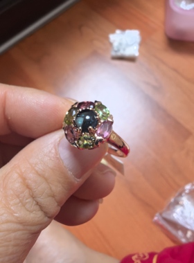 925银镀玫瑰金镶嵌天然碧玺戒指女款时尚百搭指环群镶碧玺戒指