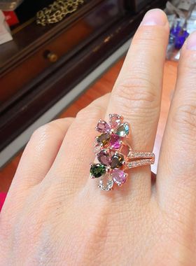 925银镀玫瑰金镶嵌天然碧玺戒指女款时尚百搭指环群镶碧玺戒指