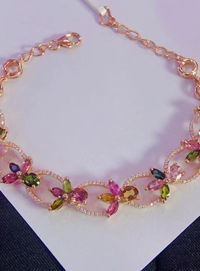 超美的七彩碧玺手链清爽糖果色火彩非常棒S925银镀金精工镶嵌