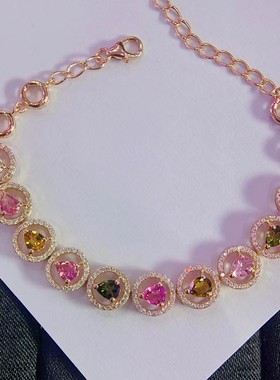 超美的七彩碧玺手链清爽糖果色火彩非常棒S925银镀金精工镶嵌