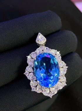 12克拉合成皇家蓝宝石项链吊坠鸽子蛋刚玉复古925纯银托帕石吊坠