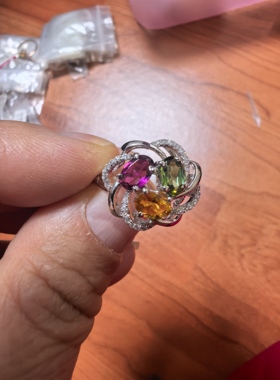 925银镀白金镶嵌天然碧玺戒指紫碧玺黄碧玺绿碧玺戒指