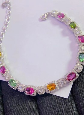 超美的七彩碧玺手链清爽糖果色火彩非常棒S925银镀金精工镶嵌