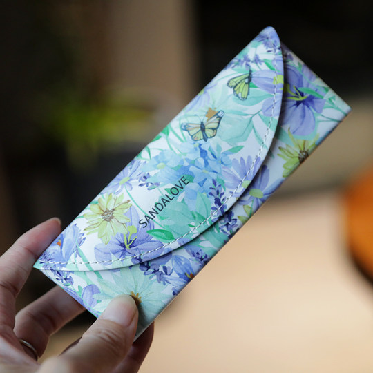 眼镜盒PU手工复古高档小猫花粉紫色近视眼镜收纳盒简约便携抗压女