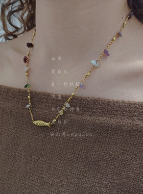 新中式碧玺锦鲤手工编织锁骨链女