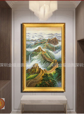纯手绘红日东升油画风景万里长城