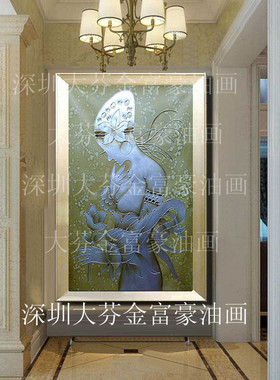 有框手绘银色仕女图酒店装饰挂画