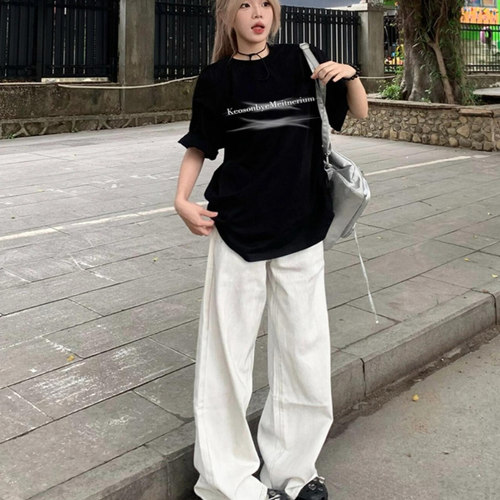 大码高街纯棉短袖T恤女2025夏季宽松oversize小个子胖mm黑色上衣 - 图0