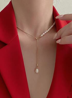 韩版东大门淡水珍珠可调节抽拉项链锁骨链抖音网红气质Y形女短款