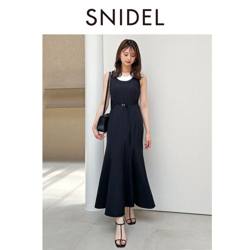 SNIDEL2025秋冬新品简约露背腰带收腰无袖鱼尾连衣裙SWFO254016 - 图0