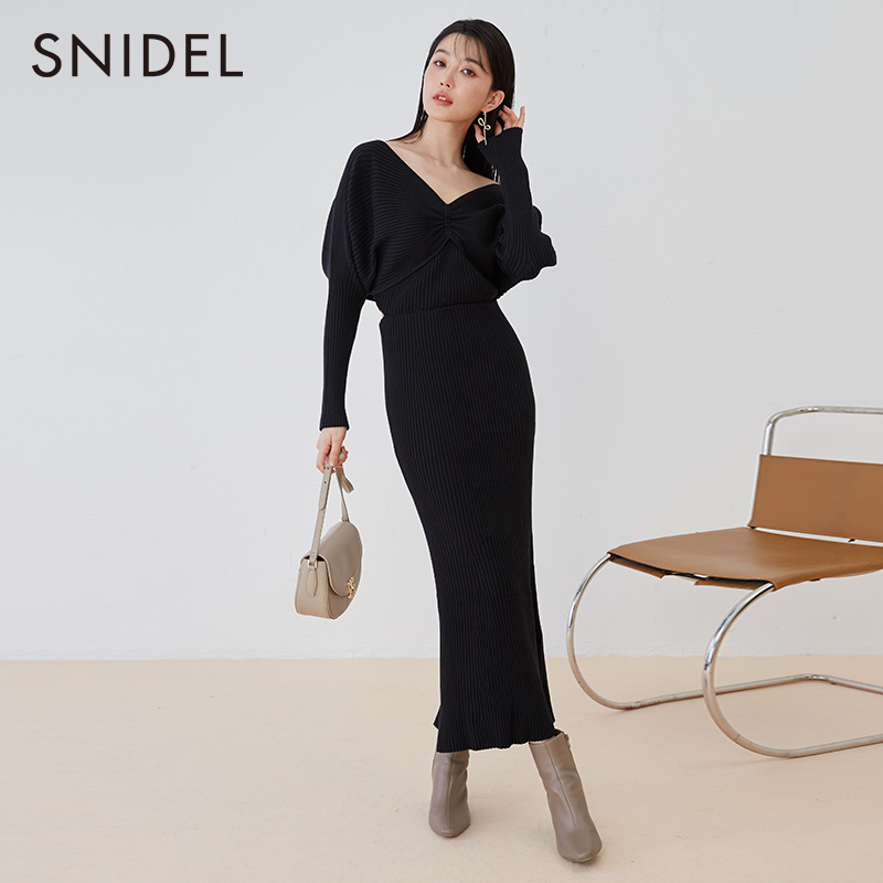 SNIDEL 2023新品女士绑带露腰针织鱼尾连衣裙 SWNO231112