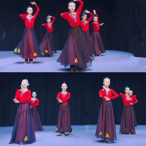 新疆舞维吾尔族演出服女儿童舞蹈服蒙古飘逸大摆裙练功服艺考裙子 - 图1