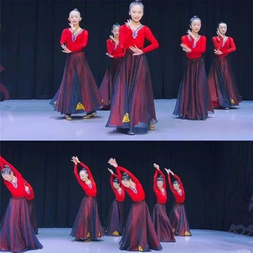 新疆舞维吾尔族演出服女儿童舞蹈服蒙古飘逸大摆裙练功服艺考裙子 - 图0